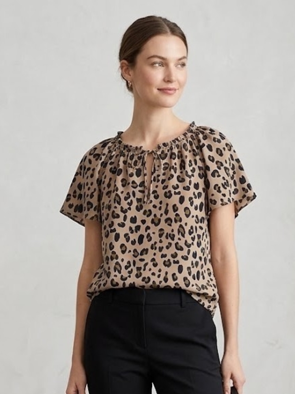 J. Crew Silk Taupe and Black Leopard Tie-Neck Short Sleeve Blouse